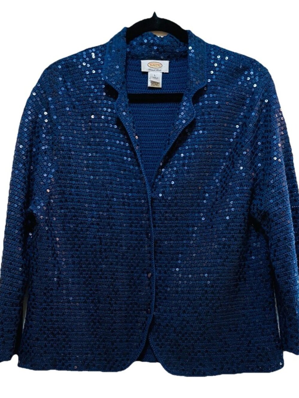 TALBOTS VTG Navy Blue Silk Blend Hand Knitted Sequined Cardigan Blazer Sz L